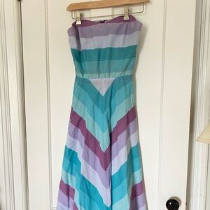 Vintage + Retro 1970s Strapless / Tie Neck Dress Blue and Purple Stripe Size SM